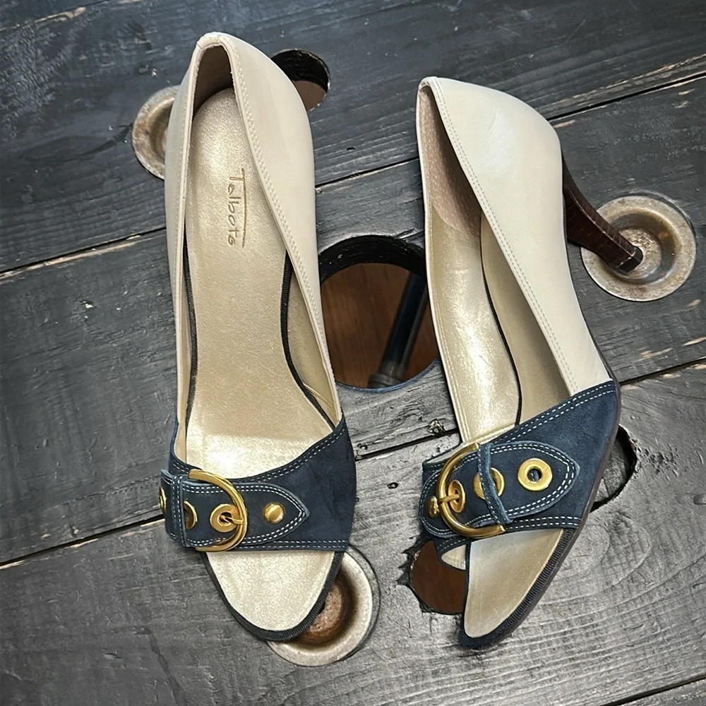 Talbots Navy and Cream Two-Tone Leather and Suede Peep Toe Heels